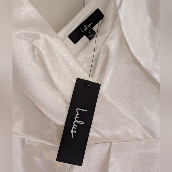 Lulu's White Satin Off-the-Shoulder Tulip Mini Dress - Picture 3 of 3